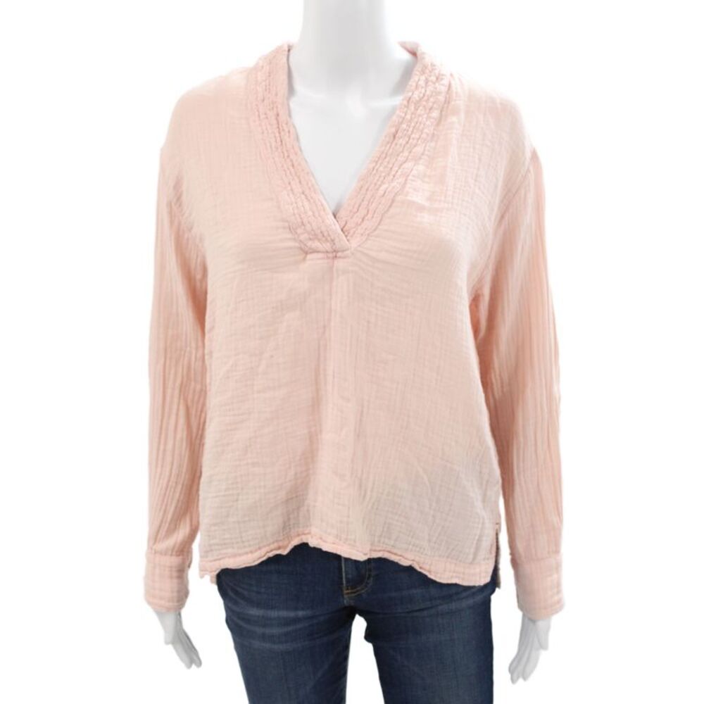 Xirena Women Basic Pink Cotton V-Neck Long Sleeve Blouse Size XS
